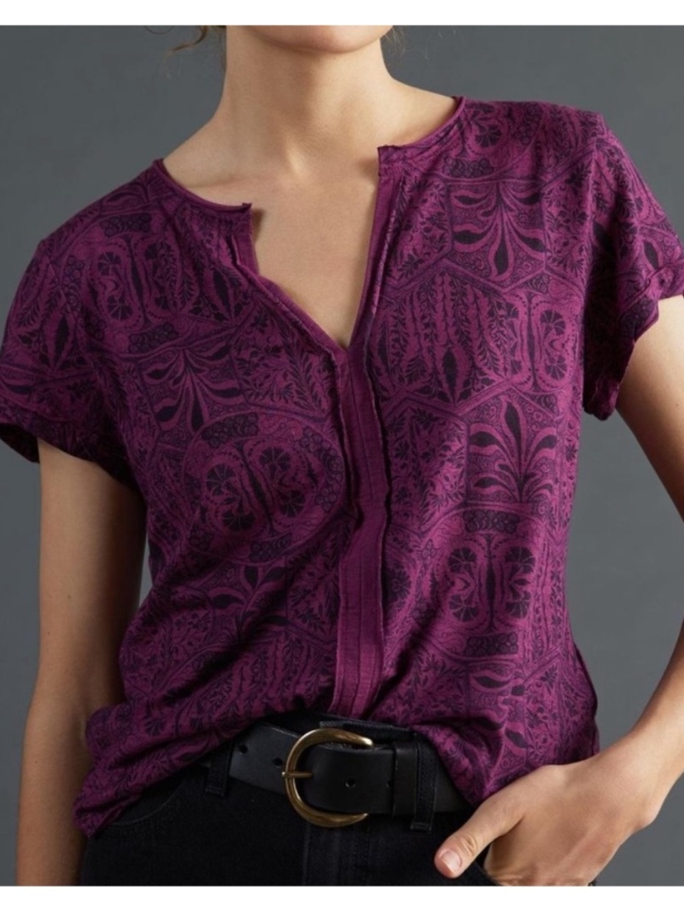 Pilcro Anthropologie Purple Spliced Neck Print Tee Boho Tribal Casual Cotton XS